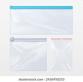 Plastic bag with zip locker mockup. Realistic vector illustration set of template for transparent clear empty sachet with zipper. Nylon pouch pocket. Vinyl package with lock for food or candy storage.