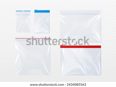 Plastic bag with zip locker mockup. Realistic vector illustration set of template for transparent clear empty sachet with zipper. Nylon pouch pocket. Vinyl package with lock for food or candy storage.