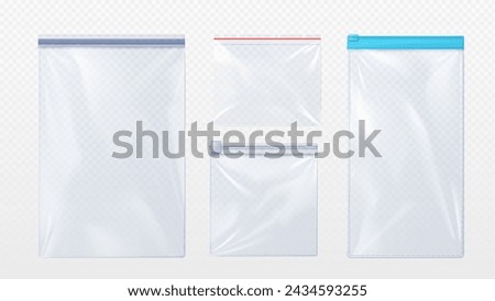 Plastic bag with zip locker mockup. Realistic vector illustration set of template for transparent clear empty sachet with zipper. Nylon pouch pocket. Vinyl package with lock for food or candy storage.