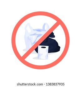 Plastic bags behind stop red sign. Idea of environment pollution and ecology damage. Problem with recycle. Isolated vector illustration in cartoon style