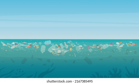 Plastic bags, bottles and industry toxic waste floating in dirty ocean water background. Environment, danger concept. Polluted with trash and garbage underwater of ocean or sea vector illustration.