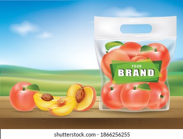 Plastic bags to contain fresh peach on the wooden floor With a sky background.illustration vector