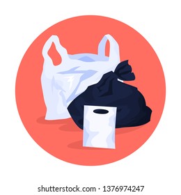 Plastic bags on the red background. Idea of environment pollution and ecology damage. Problem with recycle. Isolated vector illustration in cartoon style