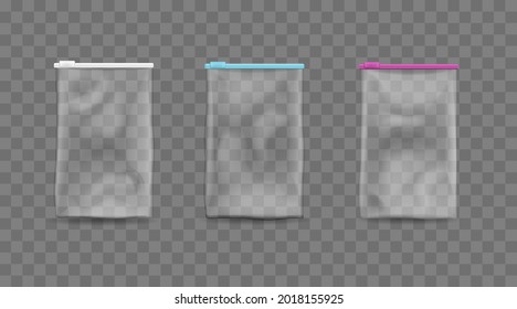Plastic bags on zipper isolated template. Empty transparent packet with adjustable ziplock for storing food and protecting things from vector moisture.