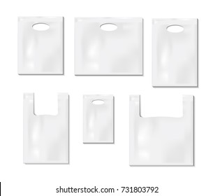 Plastic bags set isolated on white background. Template for your design. Blank disposable package, vector illustration