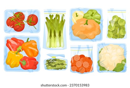 Plastic bags and trays with frozen vegetables set vector illustration. Cartoon isolated ziplock vacuum packages and supermarket or market transparent polyethylene packs with raw vitamin food products