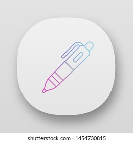 Plastic ballpoint pen app icon. UI/UX user interface. Web or mobile application. Writing tool vector isolated illustration. Stationery items shop, school supplies store logo. Education attribute