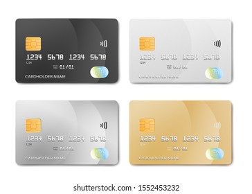 Plastic bank card design template set - isolated credit or debit cards mockup in black, silver, white and gold colors. Realistic vector illustration collection.