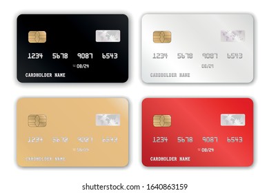 Plastic bank card design template set. Realistic detailed credit cards set with colorful gold, red, black, platinum triangular 