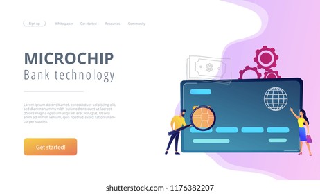 Plastic bank card, microchip and man with magnifier. Credit card payment and shopping, e-commerce, bank technology, secure purchase online concept, violet palette. Website landing web page template.