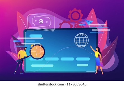 Plastic bank card, microchip and man with magnifier. Credit card payment and shopping, e-commerce, bank technology, secure purchase online concept, violet palette. Vector isolated illustration.