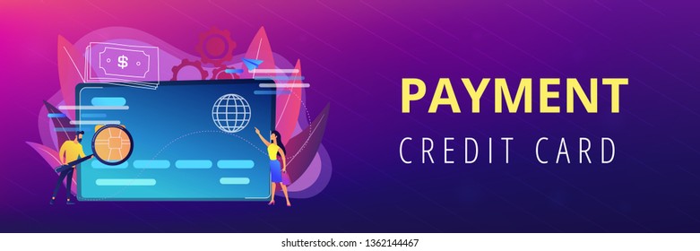 Plastic bank card, microchip and man with magnifier. Credit card payment and shopping, e-commerce, bank technology, secure purchase online concept, violet palette. Header or footer banner template.