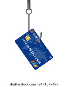 Plastic bank card on fishing hook. Money trap concept. Hidden wages, salaries black payments, tax evasion, bribe. Anti corruption. Vector illustration in flat style