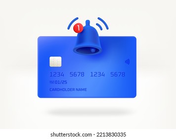 Plastic banking card with notification icon. 3d vector illustration
