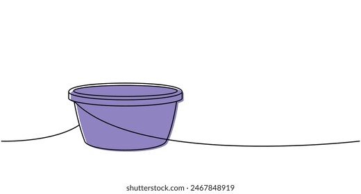 Plastic basin, cleaning bowl, water bucket one line colored continuous drawing. Cleaning service tools continuous one line illustration.