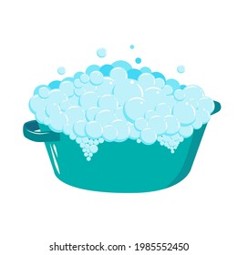 Plastic basin with soap suds. Soap foam with bubbles. Washing clothes by hand. Flat illustration isolated on white background.