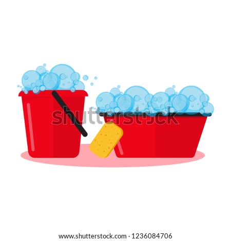 Plastic basin with soap suds, laundry bucket with foam. Vector illustration.