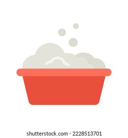 Plastic basin with soap suds. Washing clothes, cleaning equipment. Vector illustration, isolated on white background.