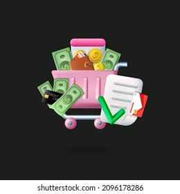 Plastic basket icon. 3d grocery cart with money inside. Business icons on the topic of shopping. 3d vector illustration with hand and money bills.Vector illustration on black background
