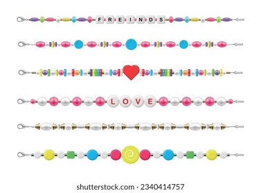 Plastic bead bracelet friendship love funky kids cute accessories set realistic vector illustration. Colorful stylish accessory for hand bright trendy jewelry funny fashion decoration with charms gems