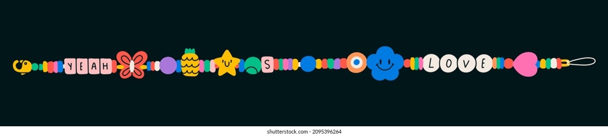 Plastic beads Bracelet. Old school colorful funky bracelet with letters, star, heart, peace sign, gummy bear, smile, flower. Cartoon 90s style. Hand made, diy concept. Hand drawn Vector illustration