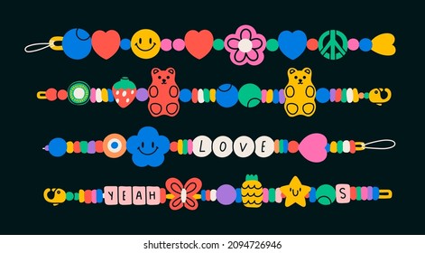 Plastic beads Bracelets. Old school Friendship bands. Colorful funky bracelets with letters, stars, hearts, peace sign, gummy bear. Cartoon 90s style. Hand made, diy concept. Hand drawn Vector set