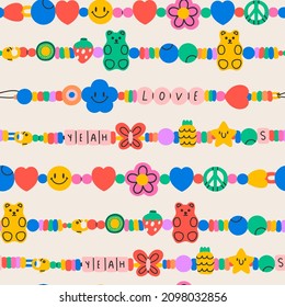 Plastic beads Bracelets. Old school colorful funky bracelets with letters, star, heart, peace sign, gummy bear, flower. Cartoon 90s style. Hand drawn Vector illustration. Square seamless Pattern