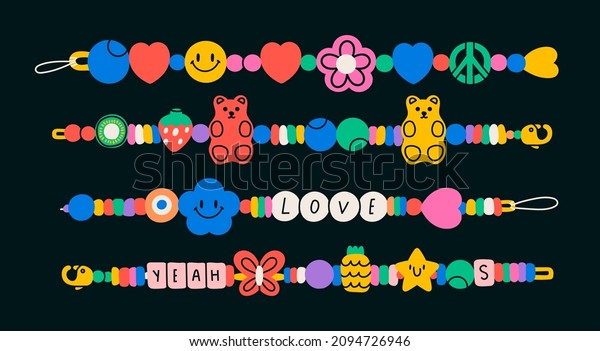 Plastic beads Bracelets. Old school Friendship bands.\
Colorful funky bracelets with letters, stars, hearts, peace sign,\
gummy bear. Cartoon 90s style. Hand made, diy concept. Hand drawn\
Vector set