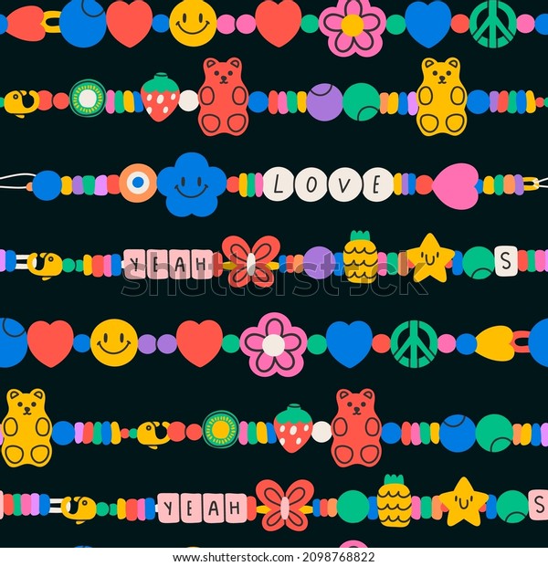 Plastic beads Bracelets. Old school colorful
funky bracelets with letters, star, heart, peace sign, gummy bear,
flower. Cartoon 90s style. Hand drawn Vector illustration. Square
seamless Pattern