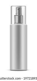 Plastic beauty container bottle for hair spray. Blank pack for care and hygiene vector illustration. Mock up template packaging of cosmetic product with cap on white background.