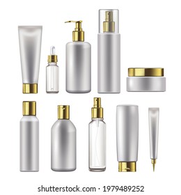 Plastic beauty containers set. Cream, lotion, spray, oil, shampoo, hand soap, gel, milk, balsam vector illustration. Mock up template packaging of cosmetic products in tubes and jars.