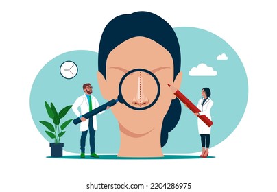 Plastic beauty operation. Correction of nose, changing nasal shape during rhinoplasty surgery. Plastic surgeon, doctor doing medical cosmetic correction.  Vector illustration.