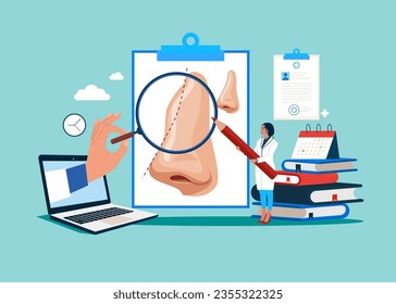 Plastic beauty operation. Correction of nose, changing nasal shape during rhinoplasty surgery. Flat vector illustration