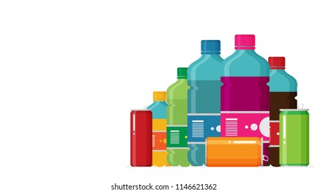 Plastic beverage bottles icon set. Bottled cold drinks flat vector illustration.