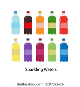 Plastic beverage bottles icon set. Soda, water and Cola, orange soda, water and lemon. Cold drink, soda beverage. flat vector illustration.