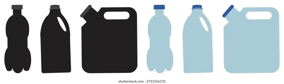 Conjunto de iconos de silueta de contenedores de bebidas de plástico.