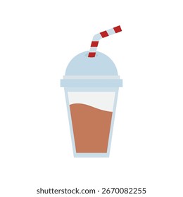 Taza plástica de la bebida con la tapa de la bóveda y la paja rayada roja llena de bebida helada. Ilustración vectorial.