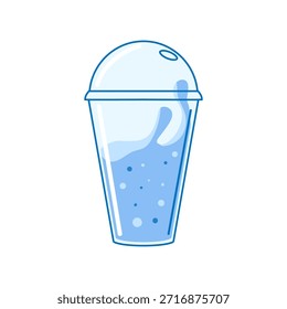 Plastikgetränketasse mit Domdeckel und Strohloch gefüllt mit kühler blauer Flüssigkeit, symbolisiert Hydratation, Erfrischung, Reinheit und ein tragbares kaltes Getränk für Sommer oder Fitness