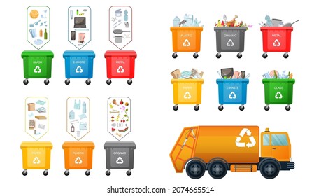 Plastic bins and truck for garbage. Vector set with Garbage trucks with frontal loader and containers for different types of trash: Organic, Plastic, Metal, Paper, Glass, E-waste. Waste management svg