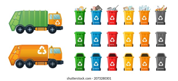 Plastic bins and trucks for garbage. Vector Garbage collection with garbage trucks and containers for different types of trash: Organic, Plastic, Metal, Paper, Glass, E-waste. Waste management set svg