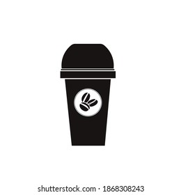 Plastic black coffee mug with coffee beans in a circle. Icon isolated on a white background