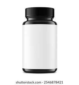 Plastic black packer pill bottle mockup with label for treats, vitamins, supplements isolated on white background. Vector illustration. ready for your design. EPS10.