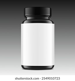Embalador preto plástico engarrafamento de pílula com tampa resistente à criança e rótulo para guloseimas, vitaminas, suplementos em fundo gradiente. Ilustração vetorial. pronta para seu design. EPS10	