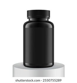 Embalador de plástico preto frasco de pílula em maquete de pedestal com rótulo preto para guloseimas, vitaminas, suplementos isolados no fundo branco. Ilustração vetorial. pronta para seu design. EPS10	