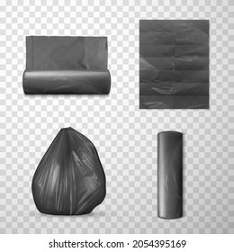 Plastic black trash bag realistic set vector illustration. Package for garbage expanded, full trashbag, packet rolls disposable pack isolated on transparent. Container for rubbish carrying and storage