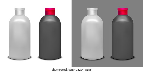 Plastic black and white bottle for juice, shampoo and water.