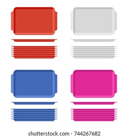Plastic blank food tray set with handles. Rectangular kitchen salvers isolated on white background. Plastic tray for canteen illustration, top view plate rectangle stack. Vector illustration