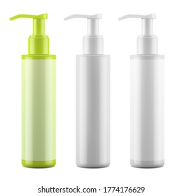 Plastic blank glossy bottle with dispenser. Mockup packaging for cosmetics. Vector EPS 10.