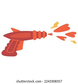 A plastic blaster, a toy weapon, shooting hearts and bolts of lightning. Symbol of love. Retro-style Saint Valentine's Day vector illustration on isolated background.