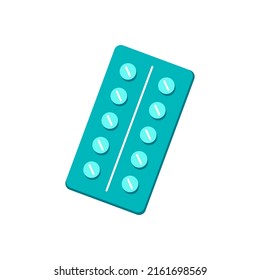 Plastic blister pack with pills, drugs isolated on white. Colored flat vector illustration in cartoon style.